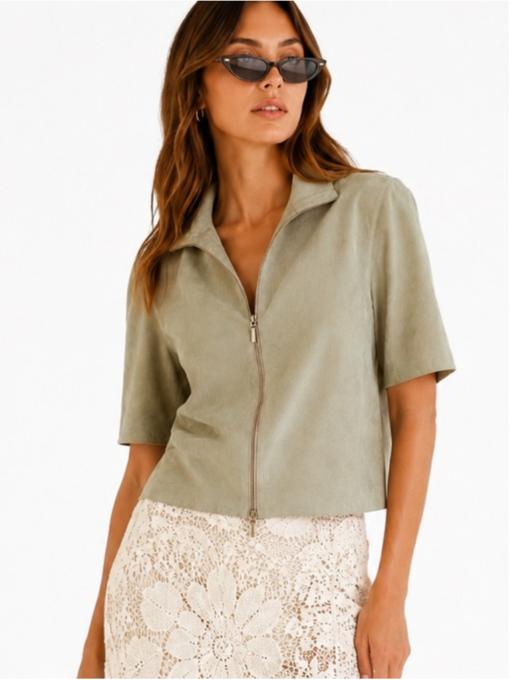 Italian Suede Zip Front Jacket Size 42 Sage Beige Minimalist Quiet Luxury
